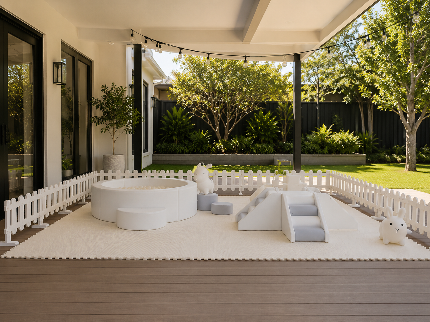 Outdoor backyard play area with a white fence, small slide, ball pit, and plush animal toys, covered by a ceiling with string lights, surrounded by green trees and plants.