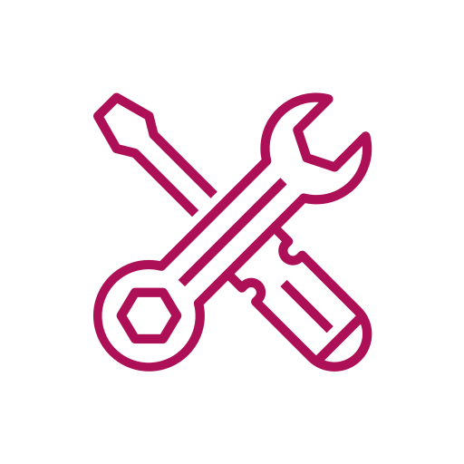 Icon of a wrench, screwdriver, and spanner crossed over each other.