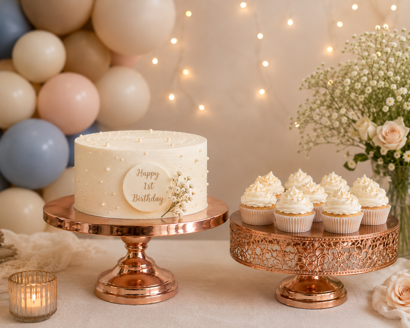 Decorative 1st birthday celebration setup with a white frosted cake on a rose gold cake stand, decorated with small pearls and a 'Happy 1st Birthday' message, accompanied by cupcakes with swirled white frosting, all arranged on a white table with flo