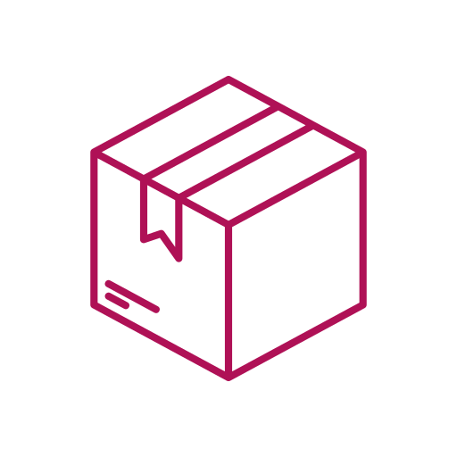 Outline illustration of a cardboard box with tape, inside a white circle on a black background.