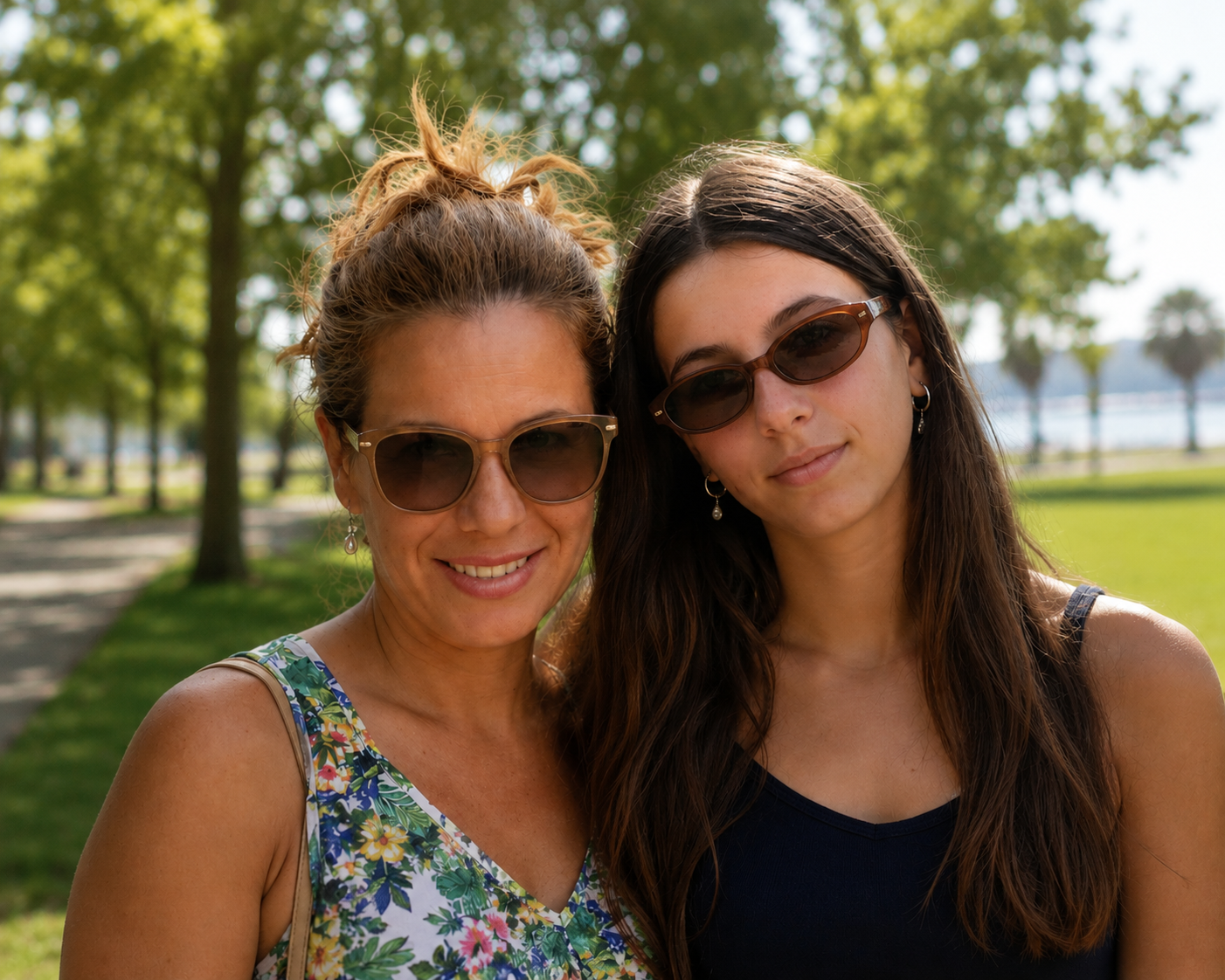 Two women wearing sunglasses outdoors with a park and trees in the background.