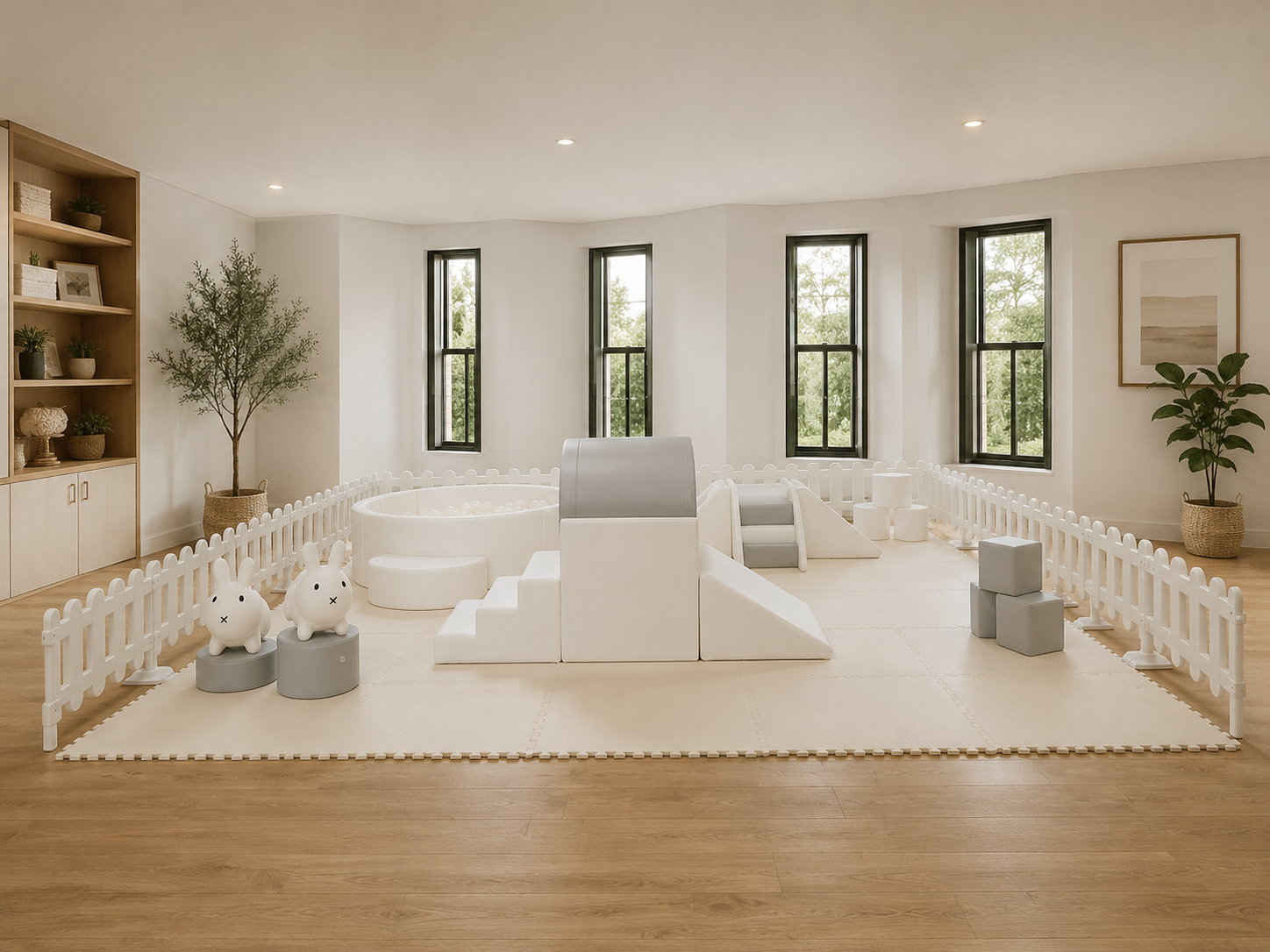 Bright indoor playroom with white padded toddler play area surrounded by a white picket fence. Contains soft white and gray climbing structures, slides, and toy seating. Potted plants and framed picture decorate the walls, large windows allow natural