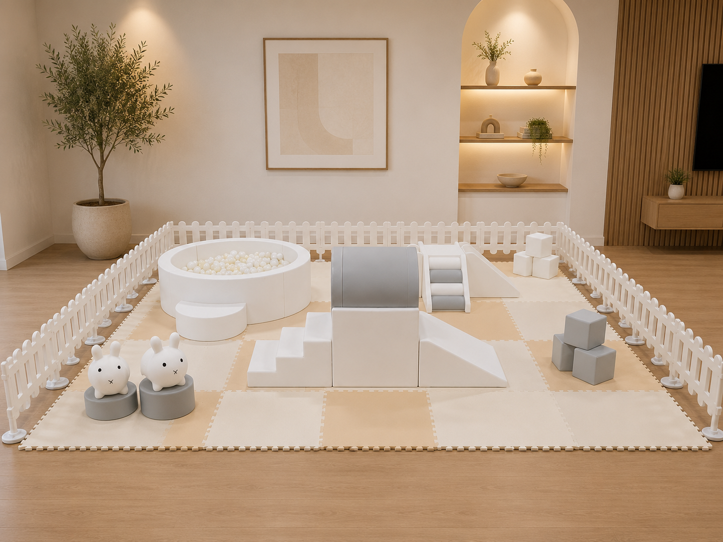A nursery play area with a white picket fence, foam play structures including bunny and cube toys, a ball pit, and soft padded flooring. Decorated with minimalist wall art, a large potted plant, and built-in shelves with small decorative items.