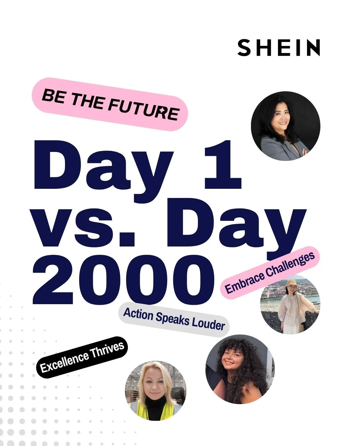 A colorful promotional poster featuring photos of four women, with bold text promoting a challenge called 'Day 1 vs. Day 2000' and phrases like 'Be the Future,' 'Embrace Challenges,' 'Action Speaks Louder,' and 'Excellence Thrives'.