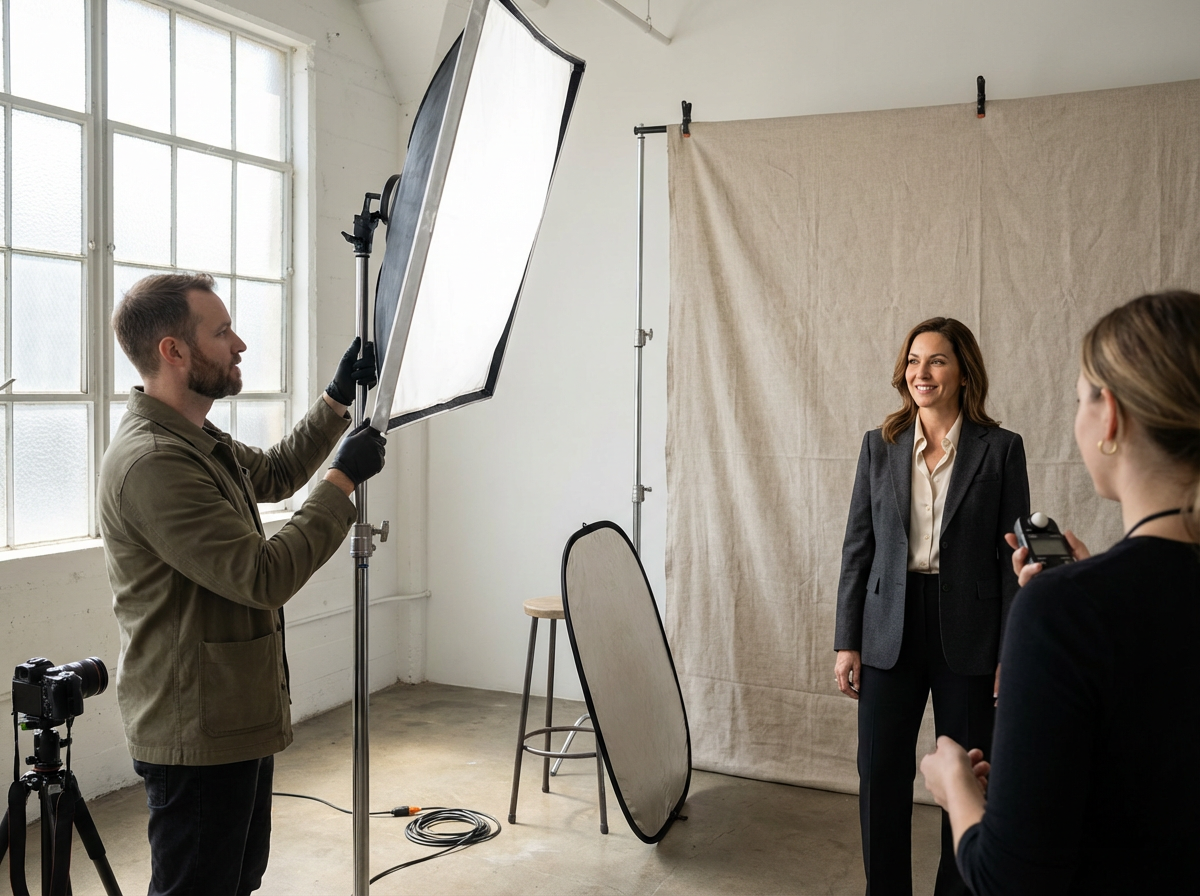A photoshoot taking place indoors with a woman in a business suit standing in front of a beige backdrop, smiling. Two women are behind the camera, one holding a remote, and a man is adjusting a large softbox light. There are large windows in the background and photography equipment around.