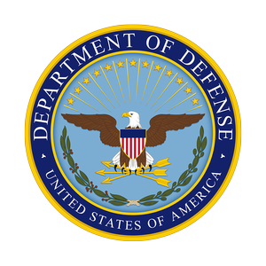 The seal of the United States Department of Defense featuring an eagle, shield, olive branch, and arrows, with a blue circle and gold outer ring.