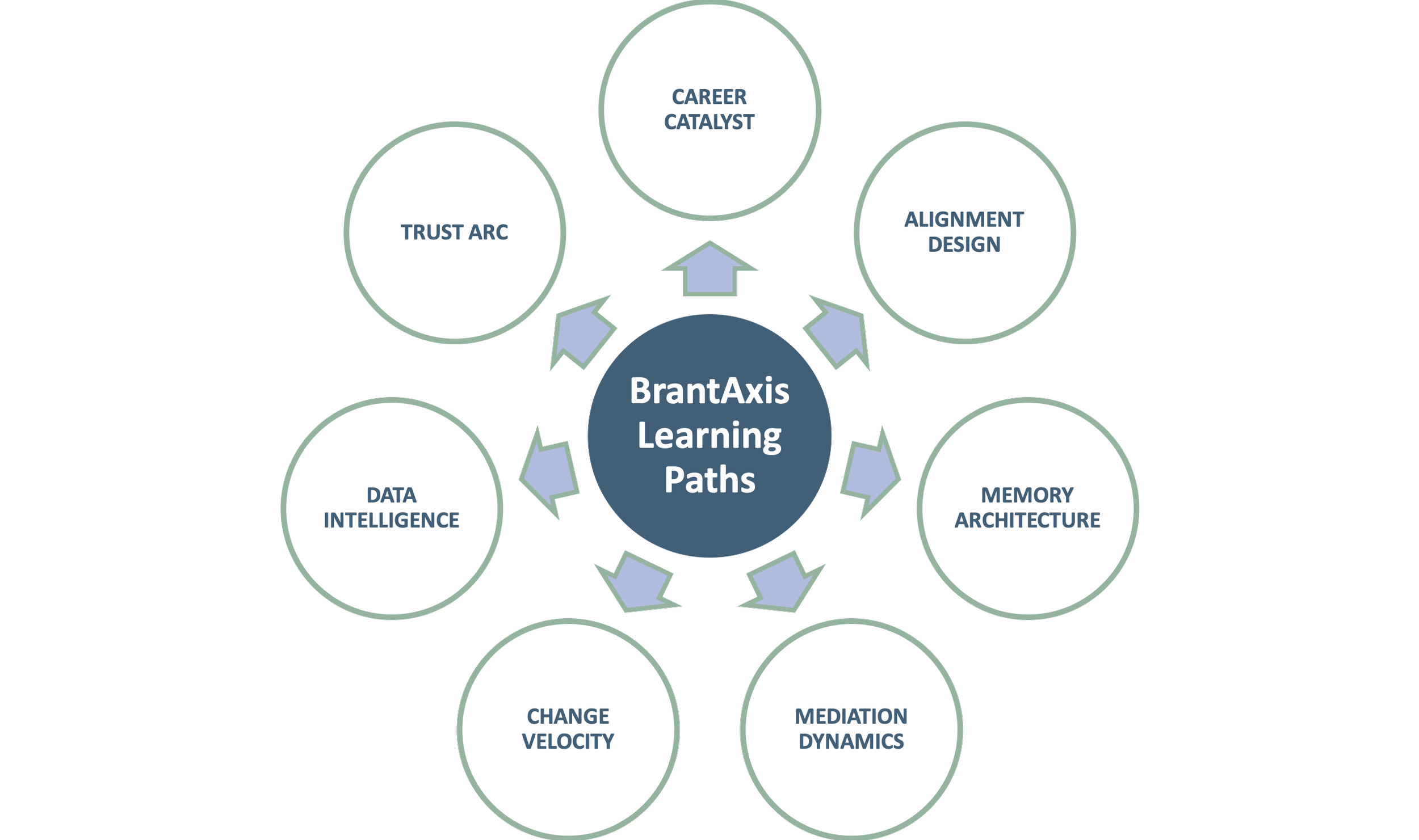 A circular diagram illustrating BrantAxix Learning Paths with a central dark blue circle labeled 'BrantAixs Learning Paths' and eight surrounding white circles labeled 'CAREER CATALYST', 'ALIGNMENT DESIGN', 'MEMORY ARCHITECTURE', 'MEDIATION DYNAMICS', 'CHANGE VELOCITY', 'DATA INTELLIGENCE', 'TRUST ARC', and 'MIRROR'.