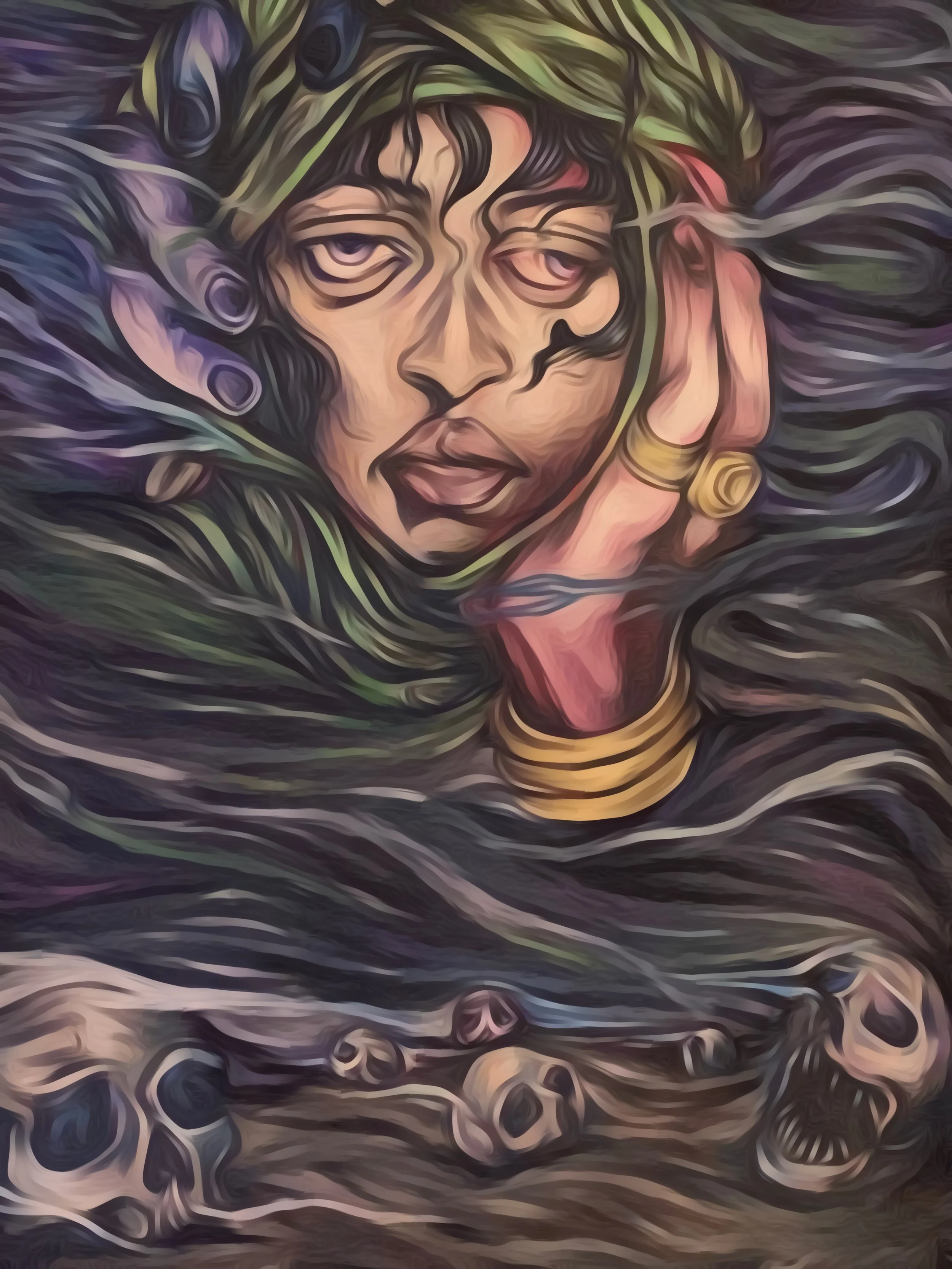 A stylized, artistic portrait of a woman with long, wavy hair, large earrings, and a thoughtful expression, with swirling, abstract background elements.