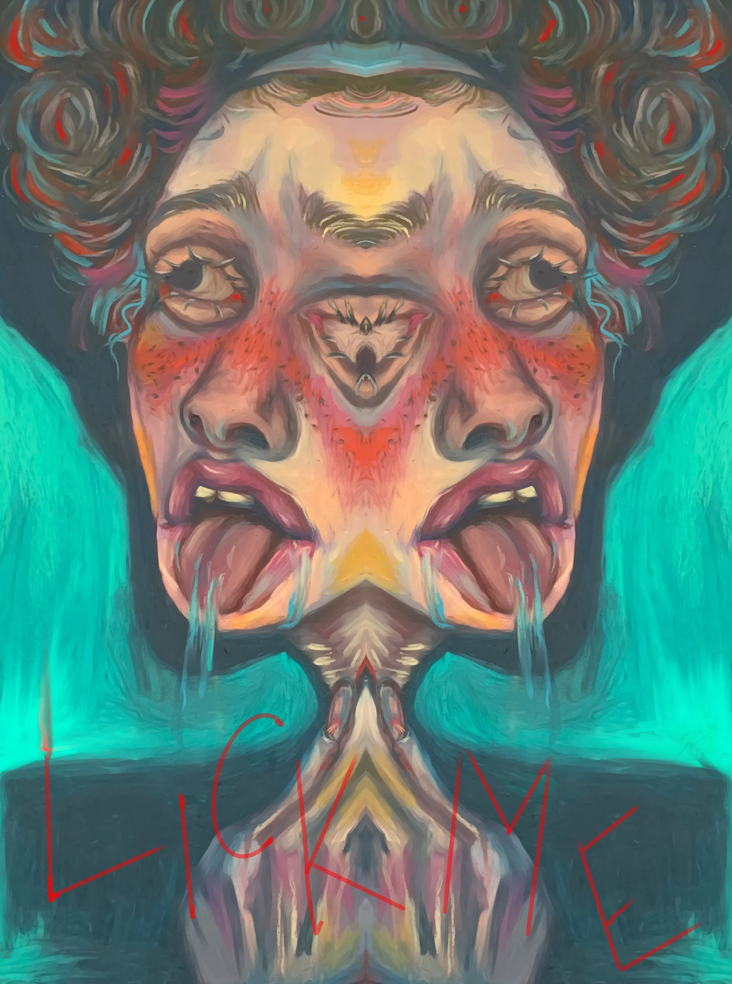 Abstract symmetrical artwork of a woman's face, with exaggerated features and bright colors, featuring a vivid background and red scribbled text.