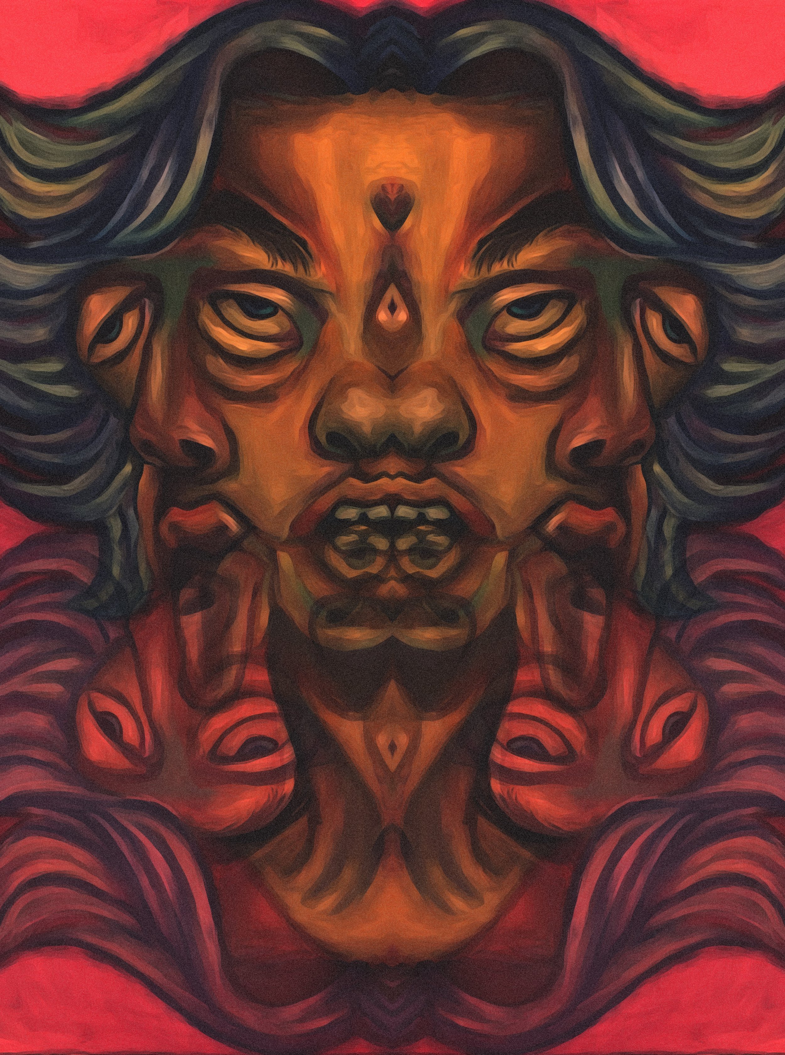 An abstract painting of a bandana or scarf, with a pattern that resembles a human face with multiple eyes and other facial features, in warm tones of orange, red, and brown.