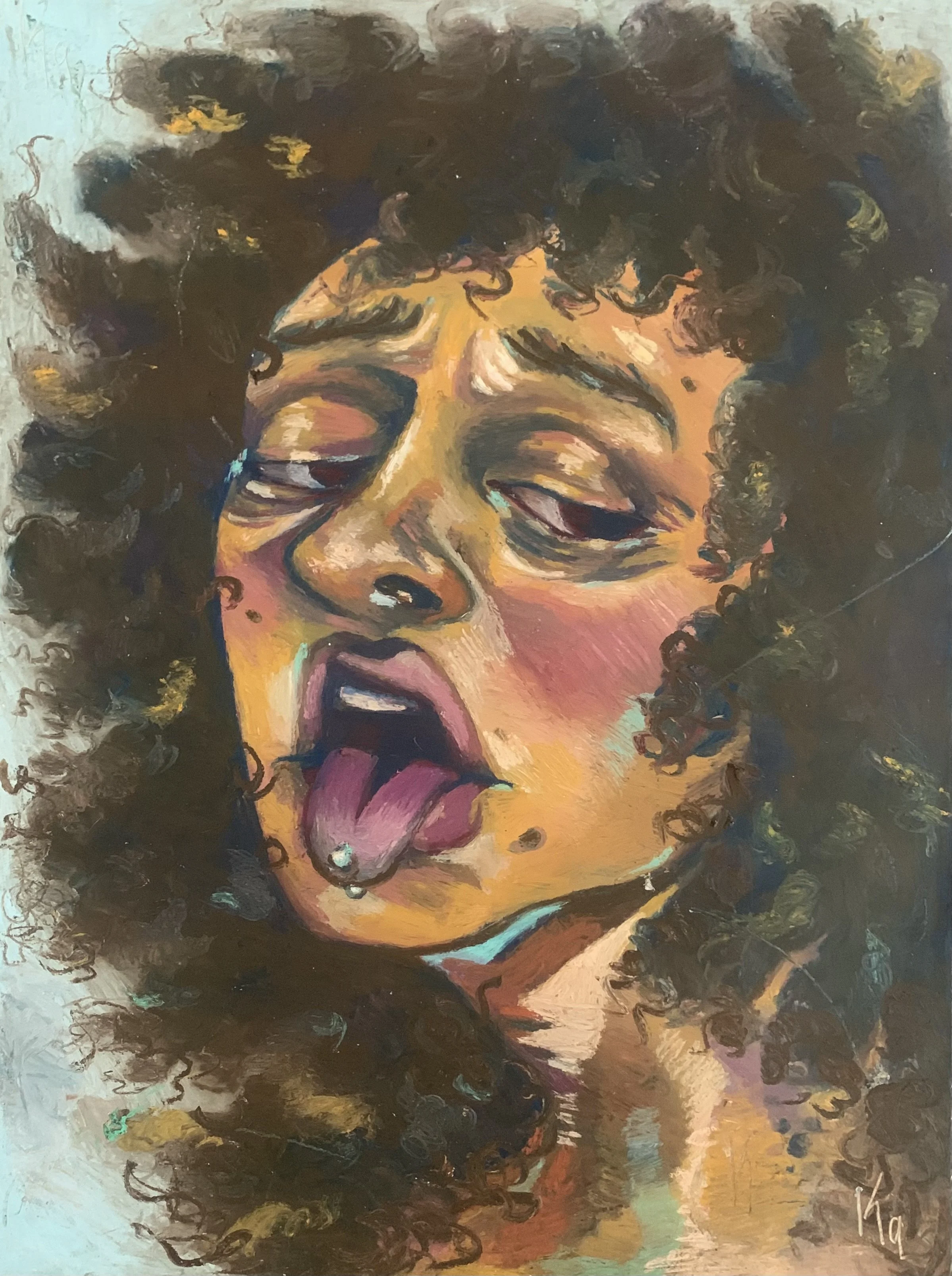 A colorful, expressive painting of a woman with curly hair, her eyes closed and tongue sticking out, with vibrant brushstrokes and abstract elements.