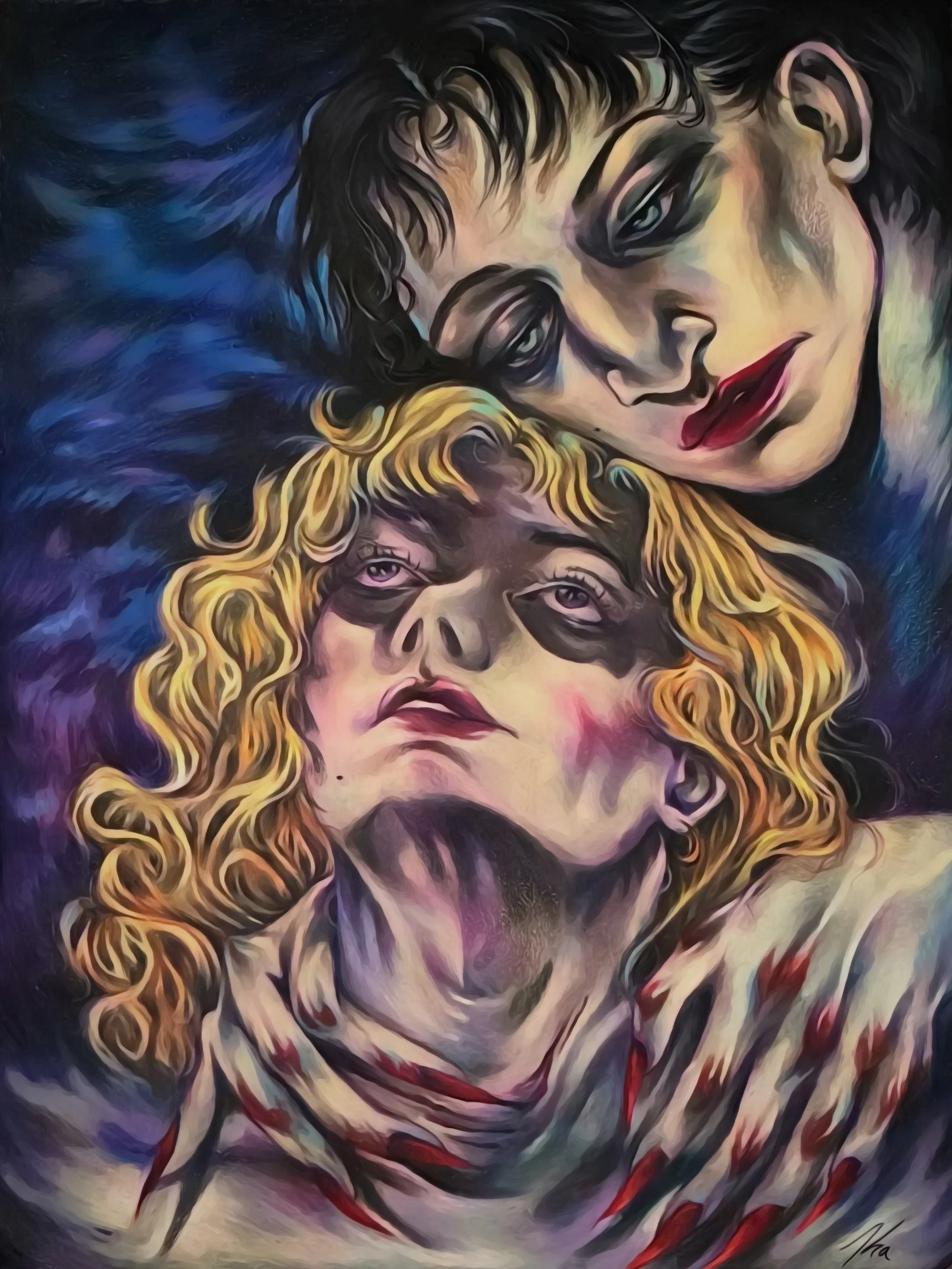 A vivid, stylized painting of two faces, one with curly blonde hair and pink lips, and the other with darker features, wearing glasses, both portrayed in a surreal, abstract style with swirling colors and brushstrokes.