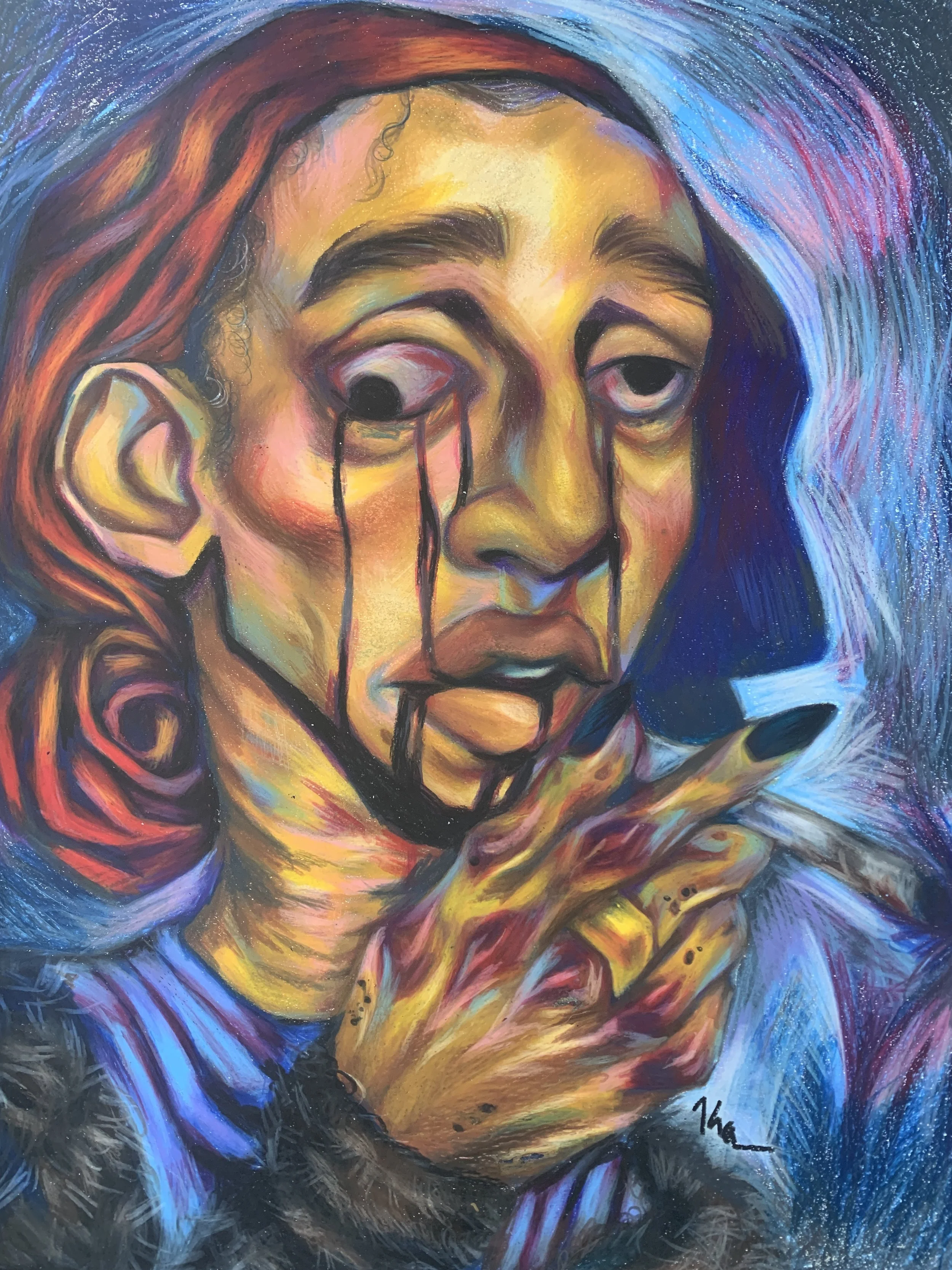 An abstract painting of a person's face with long, flowing hair. The face has a somber expression with closed eyes, and dark lines run down from the eyes. The background features swirling vibrant colors of blue, purple, and orange.