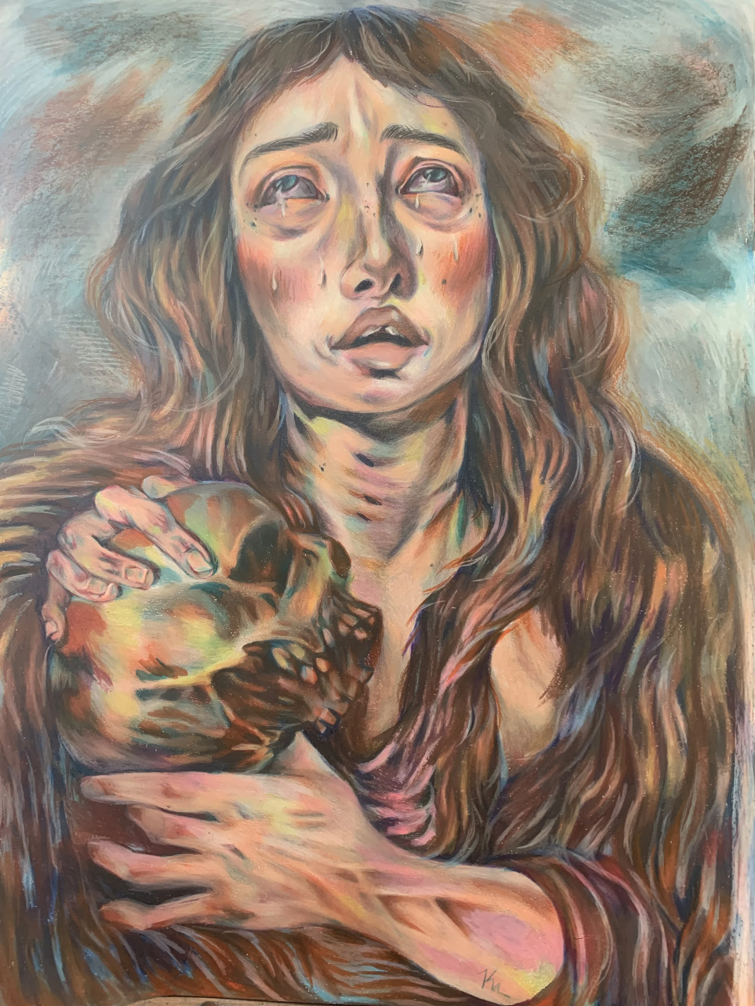 A colorful painting of a woman with long wavy hair, looking upwards with a melancholic expression, and tears on her face.