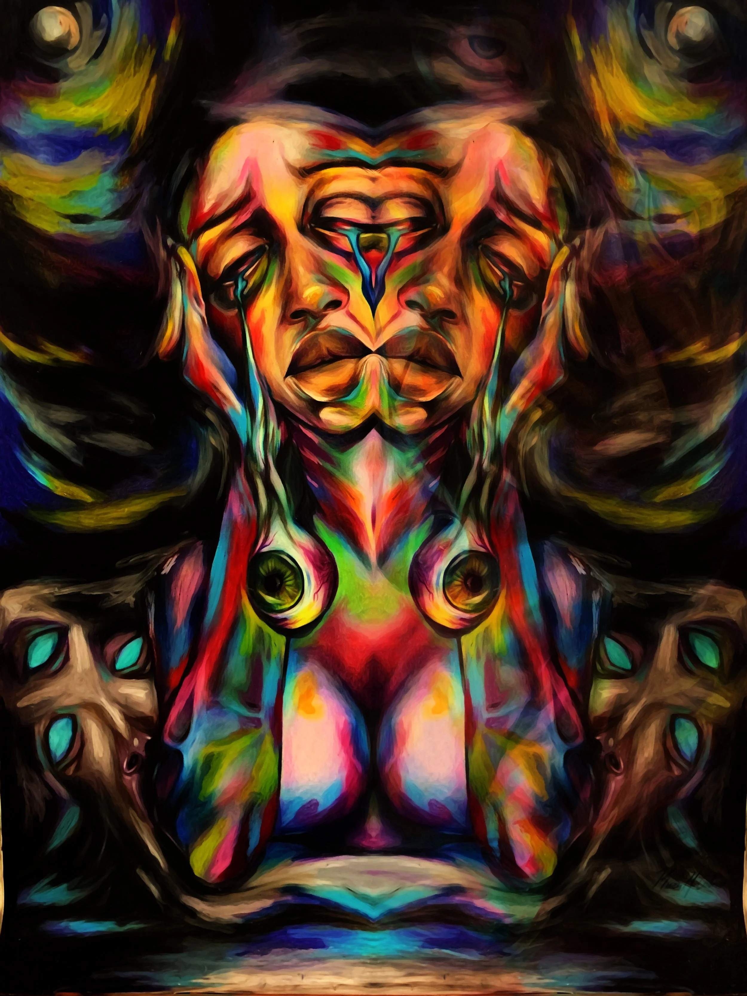 A vibrant, colorful abstract painting resembling a symmetrical face with flowing hair, bright streaks of yellow, green, blue, red, and purple, and expressive features.