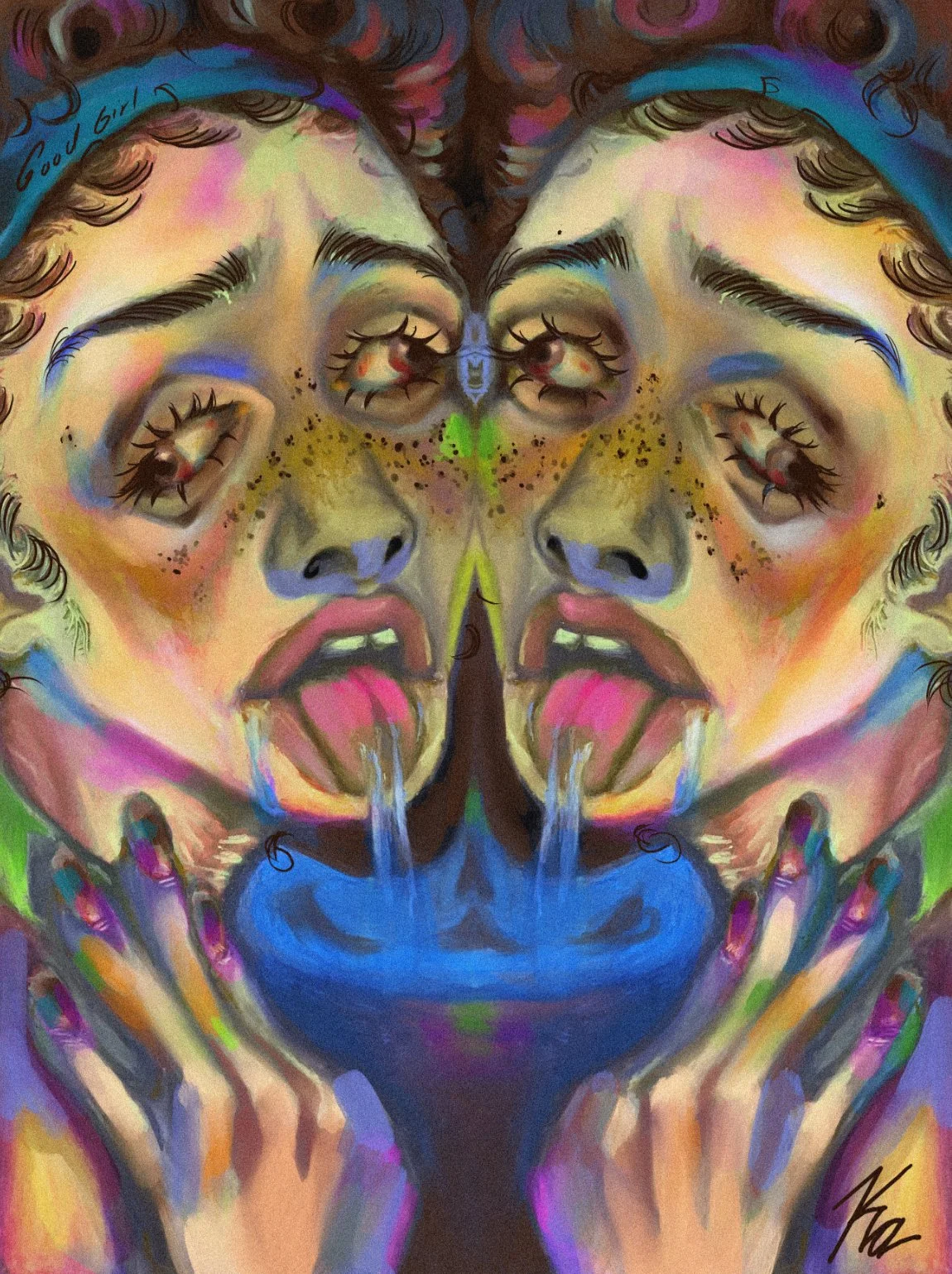 A colorful, surreal painting of a face with three eyes, green nose, and pink lips, with two tongues sticking out, water dripping from the tongues into a blue bowl, and hands holding the face. The artwork has bold, expressive brushstrokes and vibrant colors.