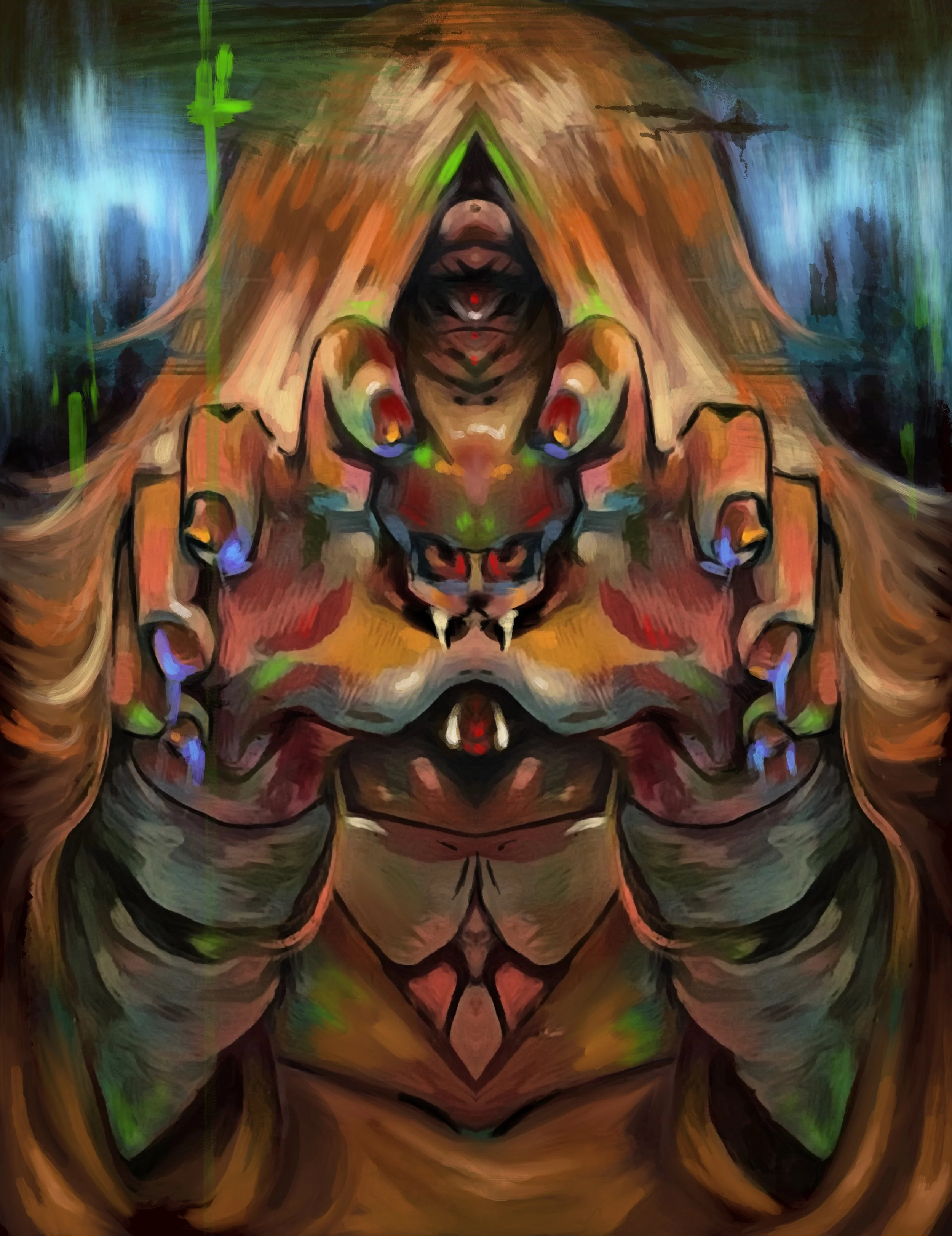 Abstract digital painting of a symmetrical figure with a face in the center, surrounded by vibrant colors and dark, textured background.