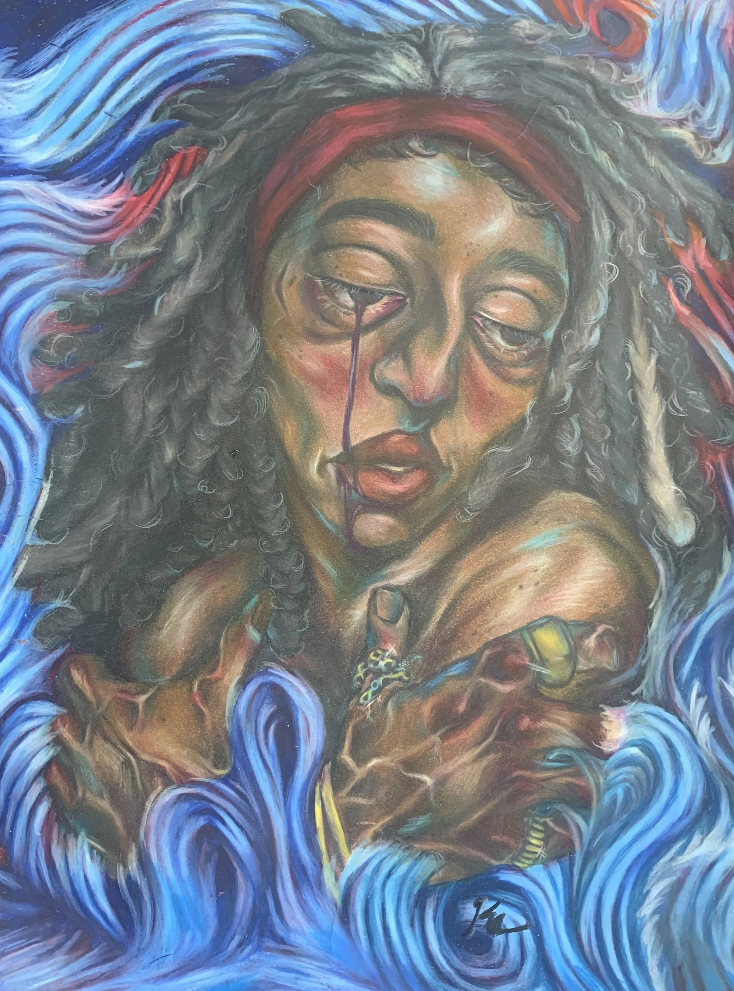 A vibrant, colorful painting of a woman with long, wavy hair and closed eyes. Blue and purple swirling patterns surround her, and there is a signature or artist's mark near the bottom right.