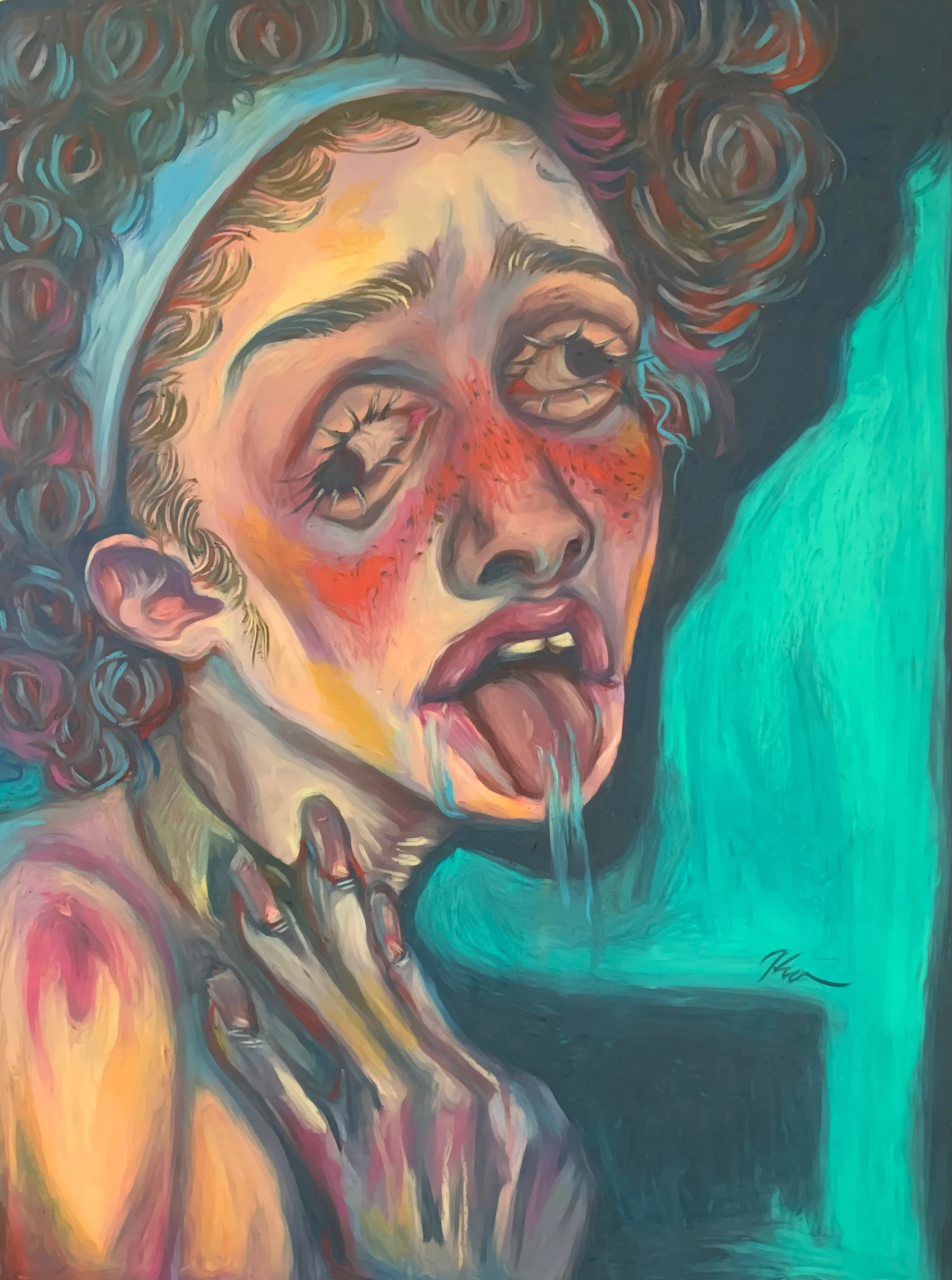 A vibrant, expressive painting of a woman with curly hair, her eyes closed, sticking her tongue out, with bold and colorful brushstrokes.