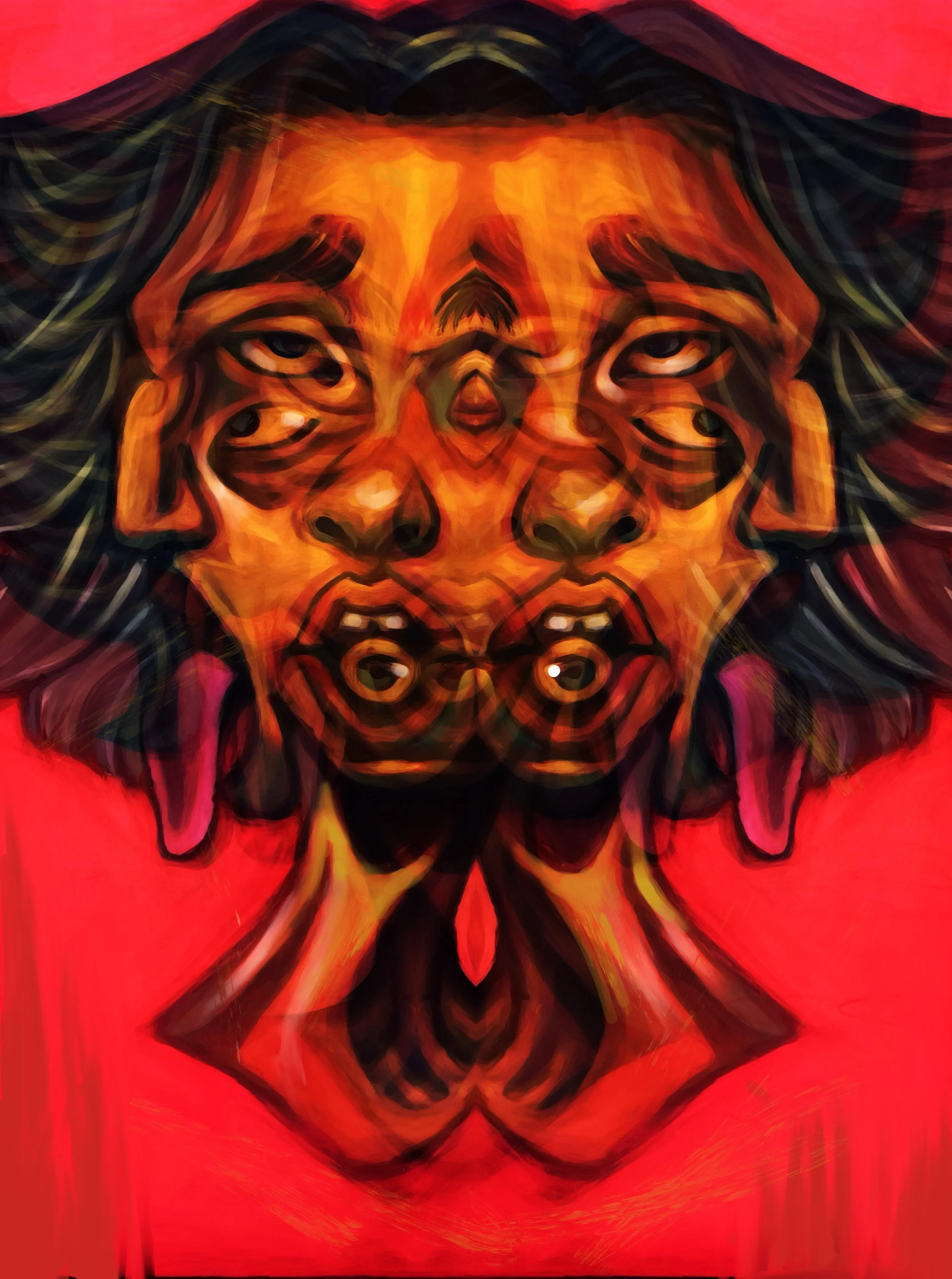 Abstract artwork featuring a symmetrical, multi-eyed face with a fiery orange and red color palette, surrounded by dark, flowing shapes on a red background.