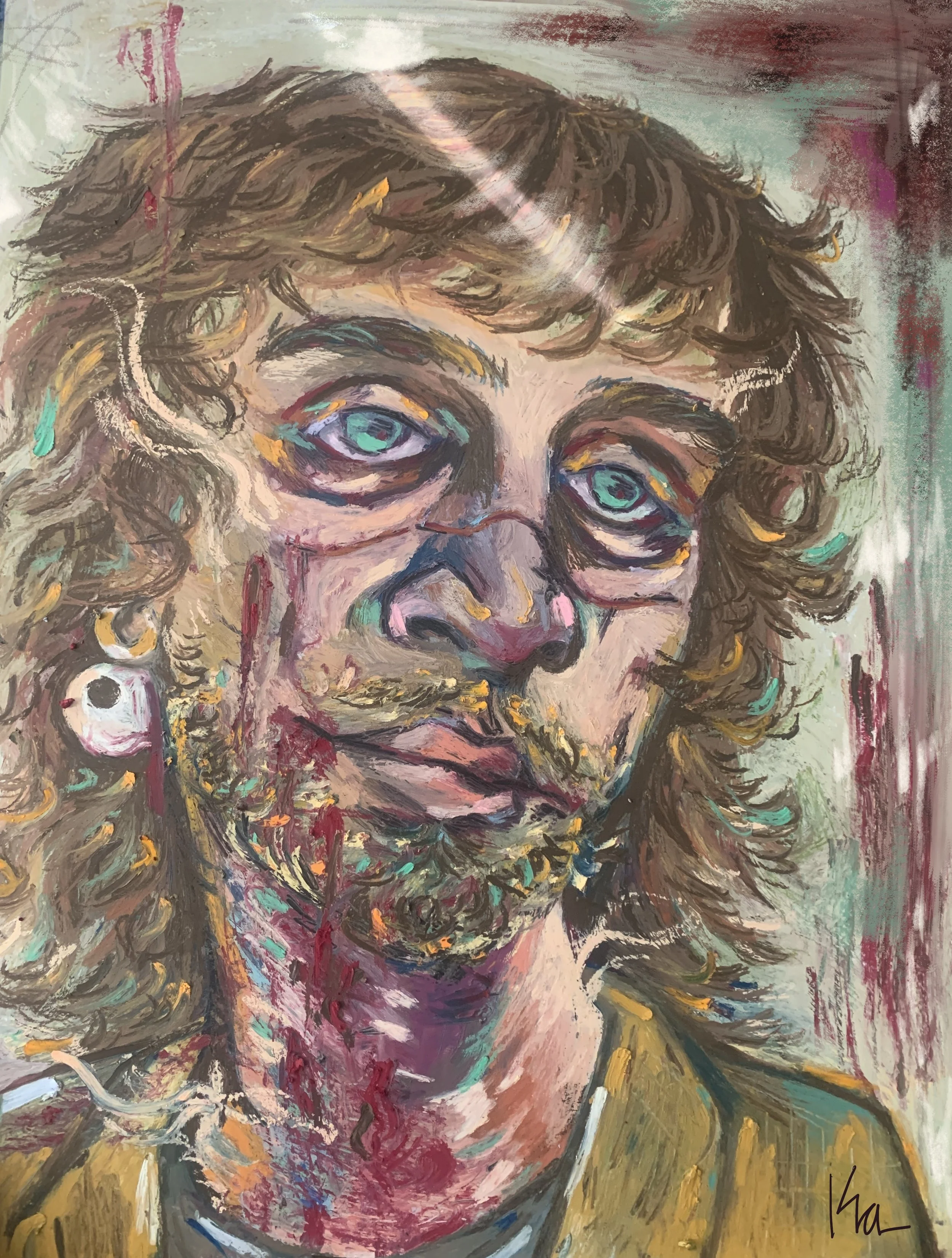 A colorful abstract portrait of a person with curly hair, prominent eyebrows, and expressive eyes, painted with bold brushstrokes and vivid colors.