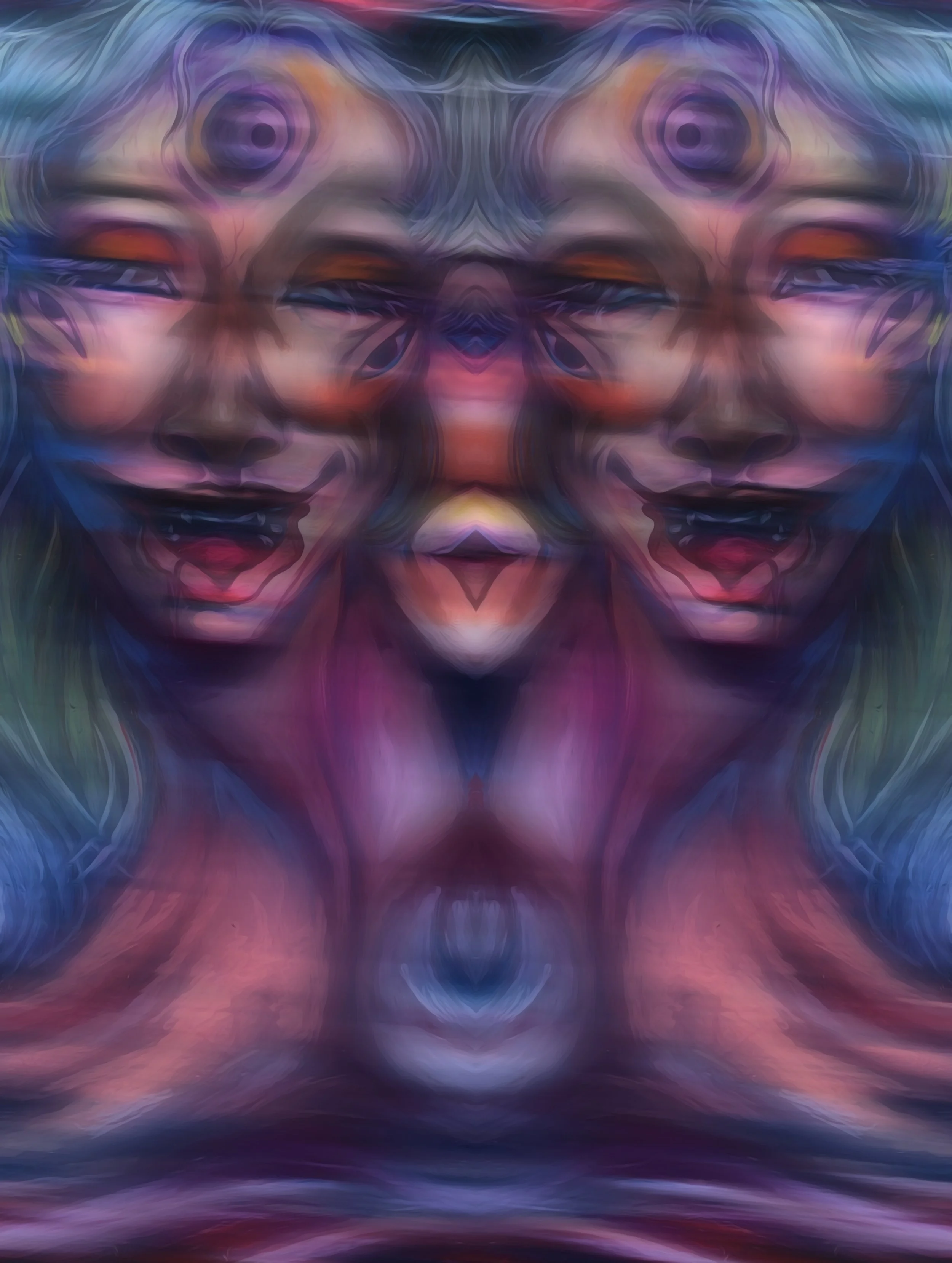 A surreal, abstract digital art featuring symmetrical, colorful patterns that resemble faces with distorted features, with bright, vibrant hues of purple, pink, blue, and orange.