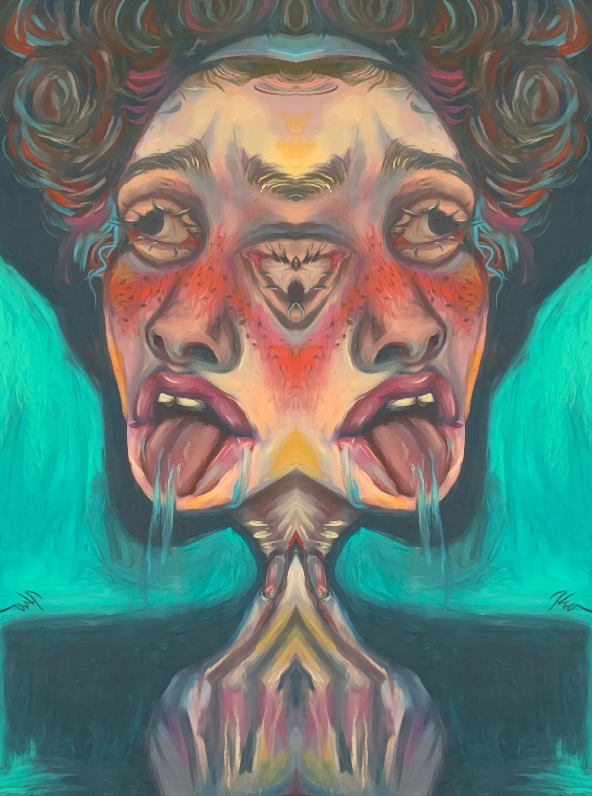 A symmetrical, abstract digital painting depicting a distorted face with fierce expressions, with vibrant colors including teal, pink, orange, and black.
