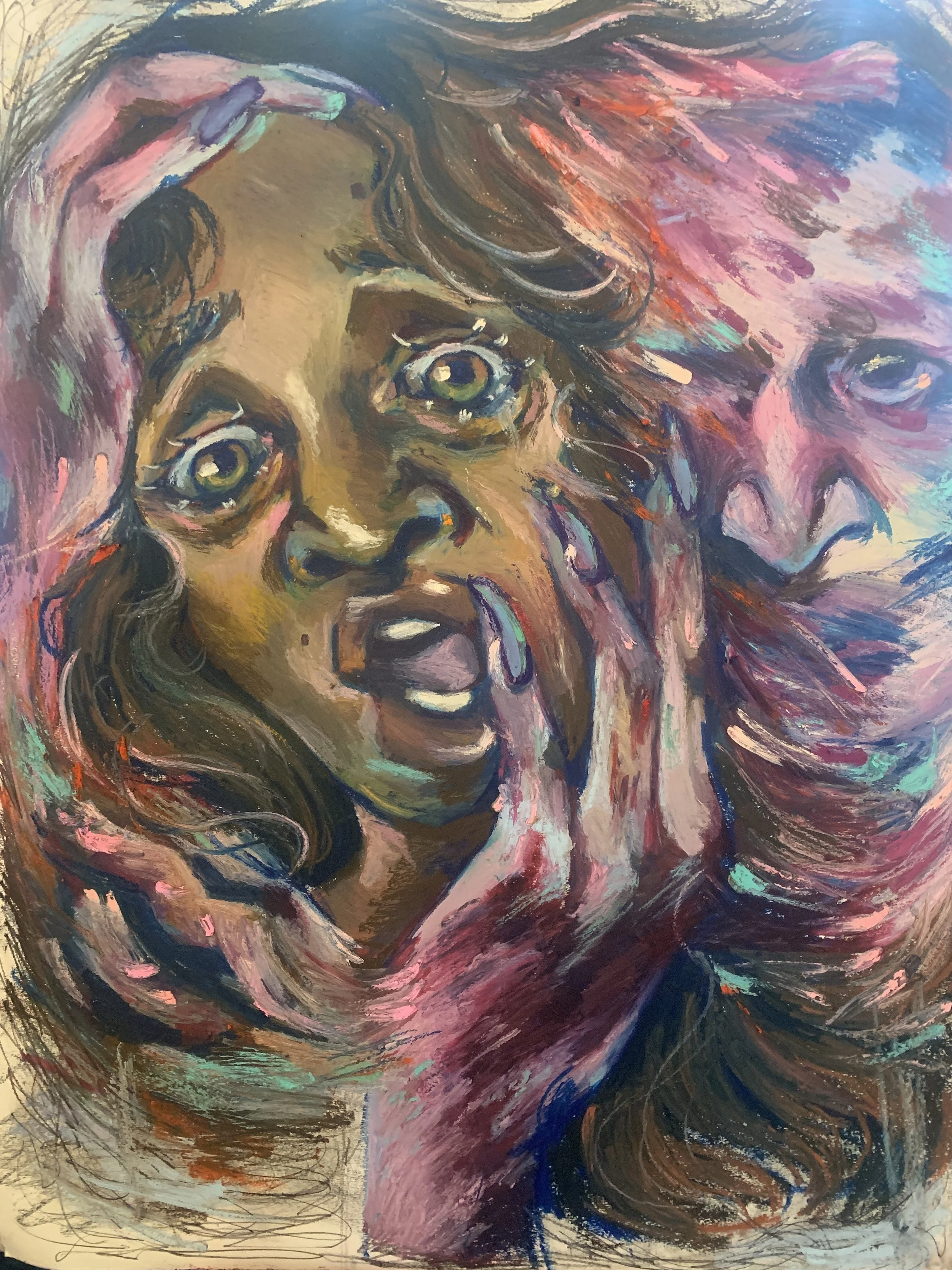 An abstract painting of a woman with long flowing hair, expressive eyes, and hand resting on her face, using vibrant colors and bold brushstrokes.