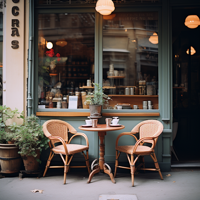 An outdoor seating area with a small round table and two wicker chairs in front of a cafe window, with potted plants and warm lighting inside.