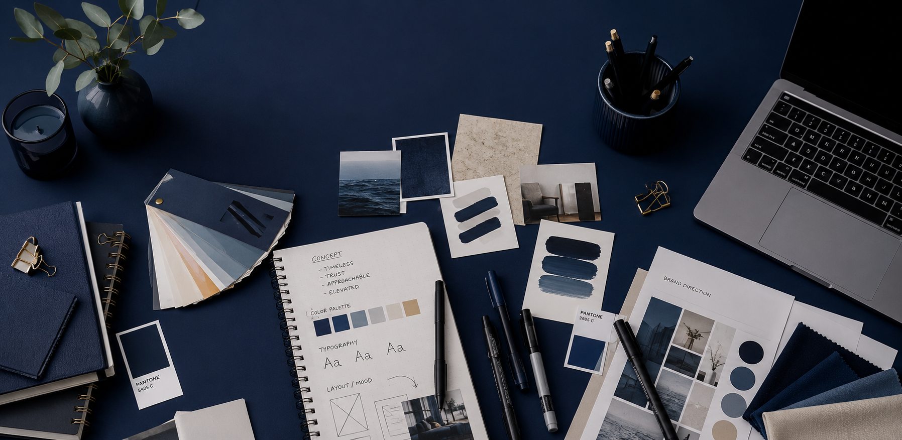 A workspace desk with a color palette fan deck, notebooks, printed mood boards, photographs, sketchbooks, pens, and a laptop, all in a blue and neutral color scheme, with decorative items like a vase with eucalyptus, candle, and clipboards.