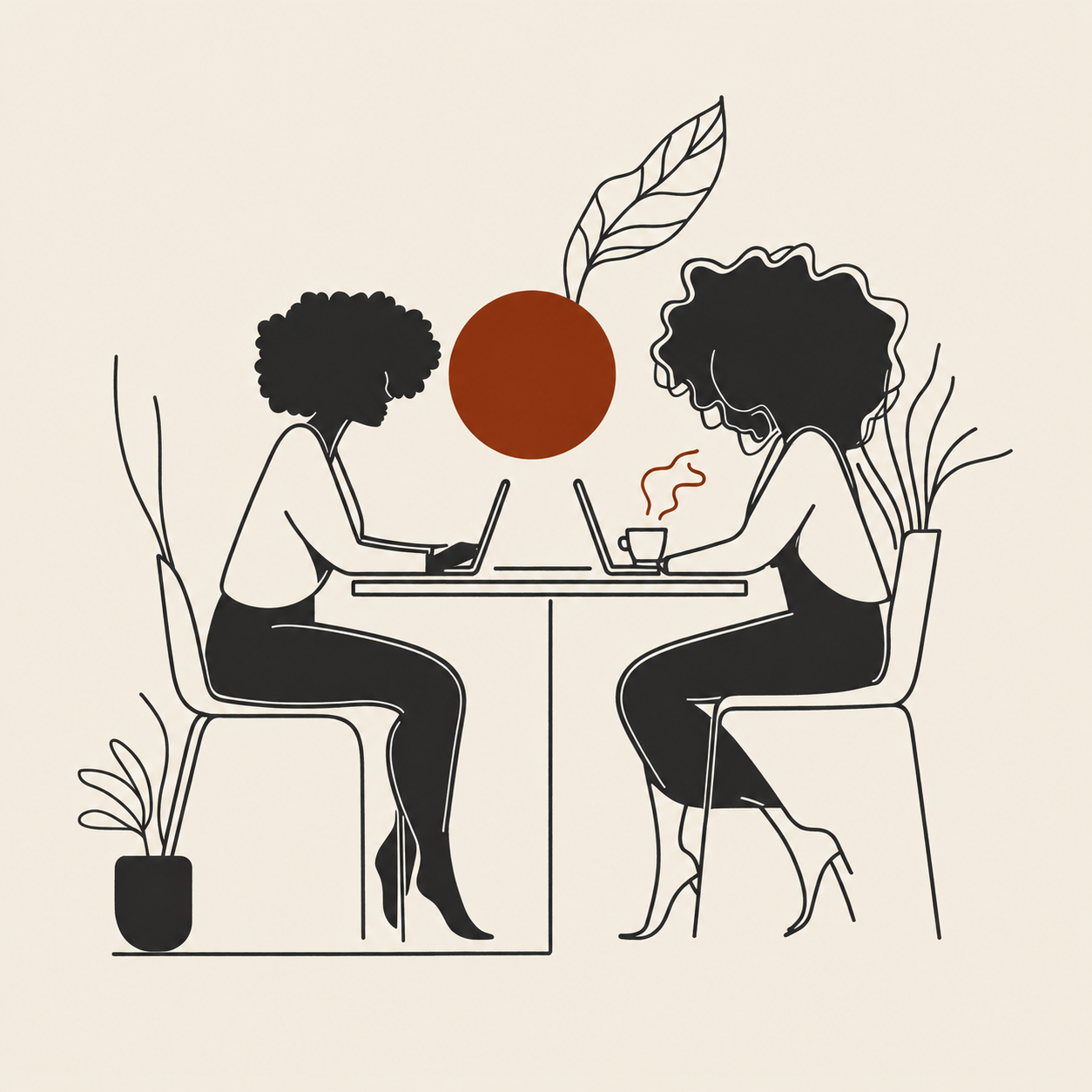Illustration of two women with curly hair sitting at a table with laptops, a potted plant on the left, a large orange circle with a leaf above it in the background, and another plant on the right. One woman is drinking coffee.