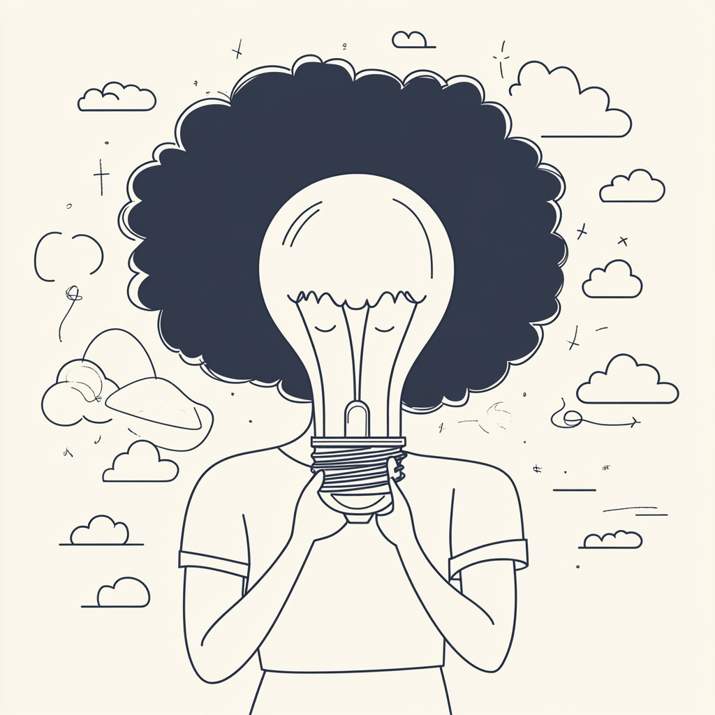 A person holding a light bulb in front of their face, with the face replaced by a cloud filled with dark and light clouds, representing an idea or creativity in a sketched style.