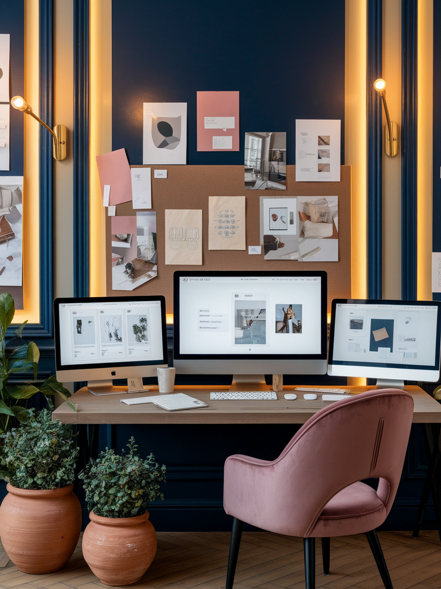 A creative workspace with three desktop computers on a wooden desk, pink velvet chair, corkboard with designs and photos, illuminated by wall-mounted lights, and potted plants in terracotta pots.