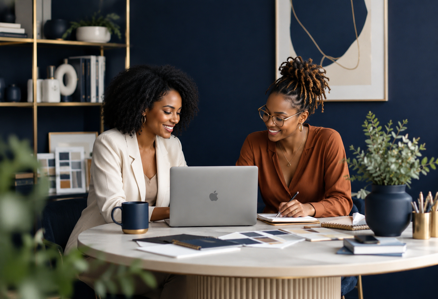 Two women smiling and working together at a round table with a laptop, notebooks, and art supplies in a modern home office with dark blue walls, a bookshelf, and artwork.