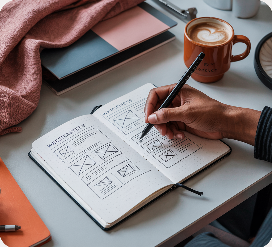 A person sketching website wireframes and mockups in a dotted notebook. The workspace includes a cup of coffee, notebooks, a pink fabric, and various stationery on a white desk.