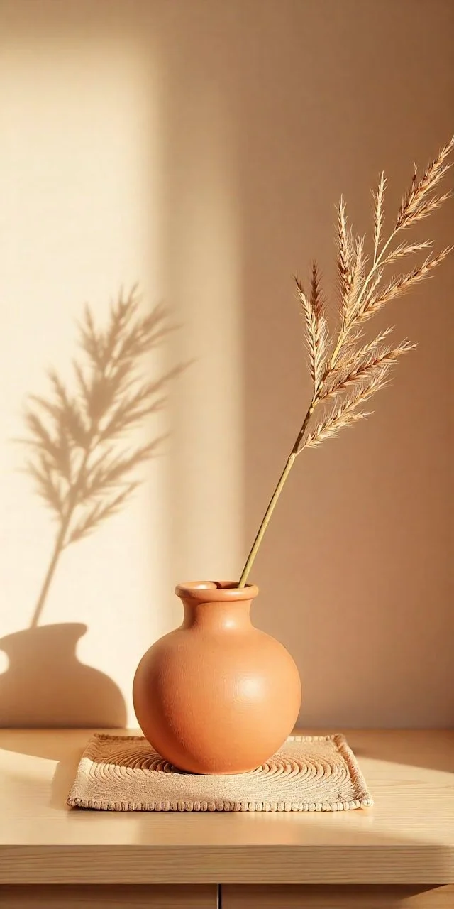 A beige ceramic vase with a narrow neck holding a dried grass stem, placed on a woven cloth on a light wooden surface. The shadow of the grass and vase is cast on a wall behind them.