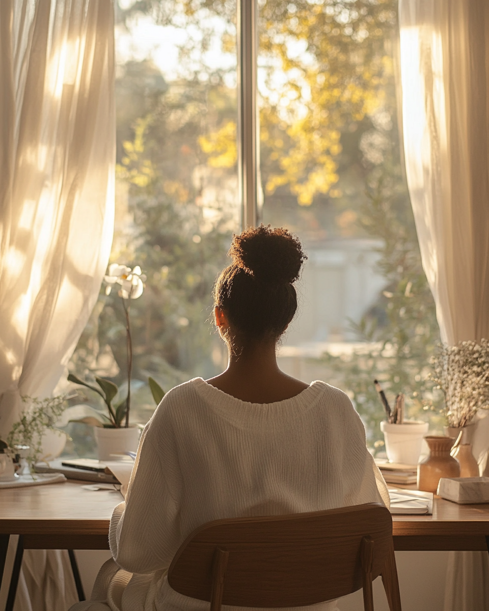 A woman with curly hair in a bun sitting at a desk facing a window with sunlight streaming in, surrounded by plants and books.