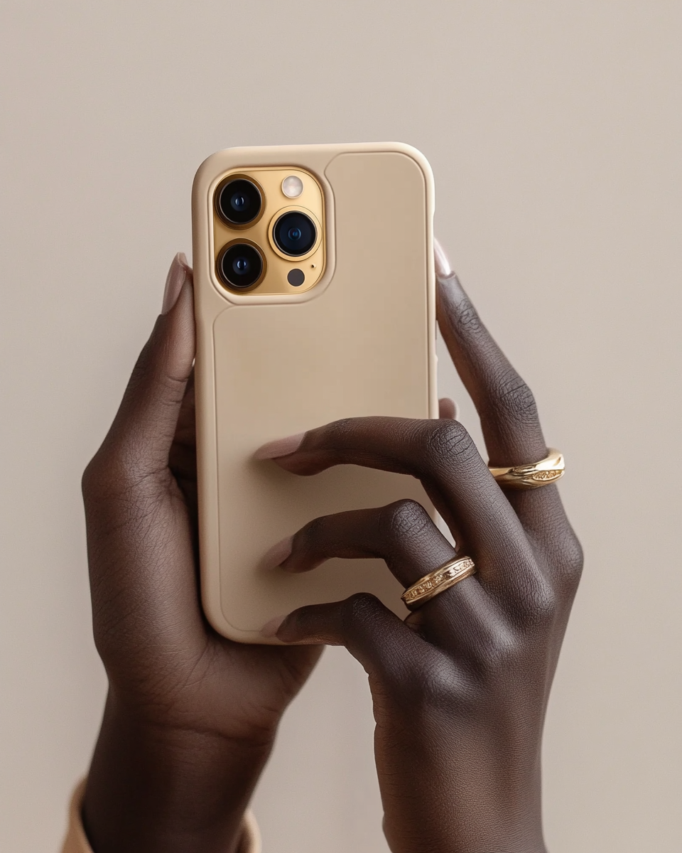 Close-up of a person with dark skin holding a beige smartphone with three camera lenses and a flash, against a plain background. The person is wearing two gold rings.