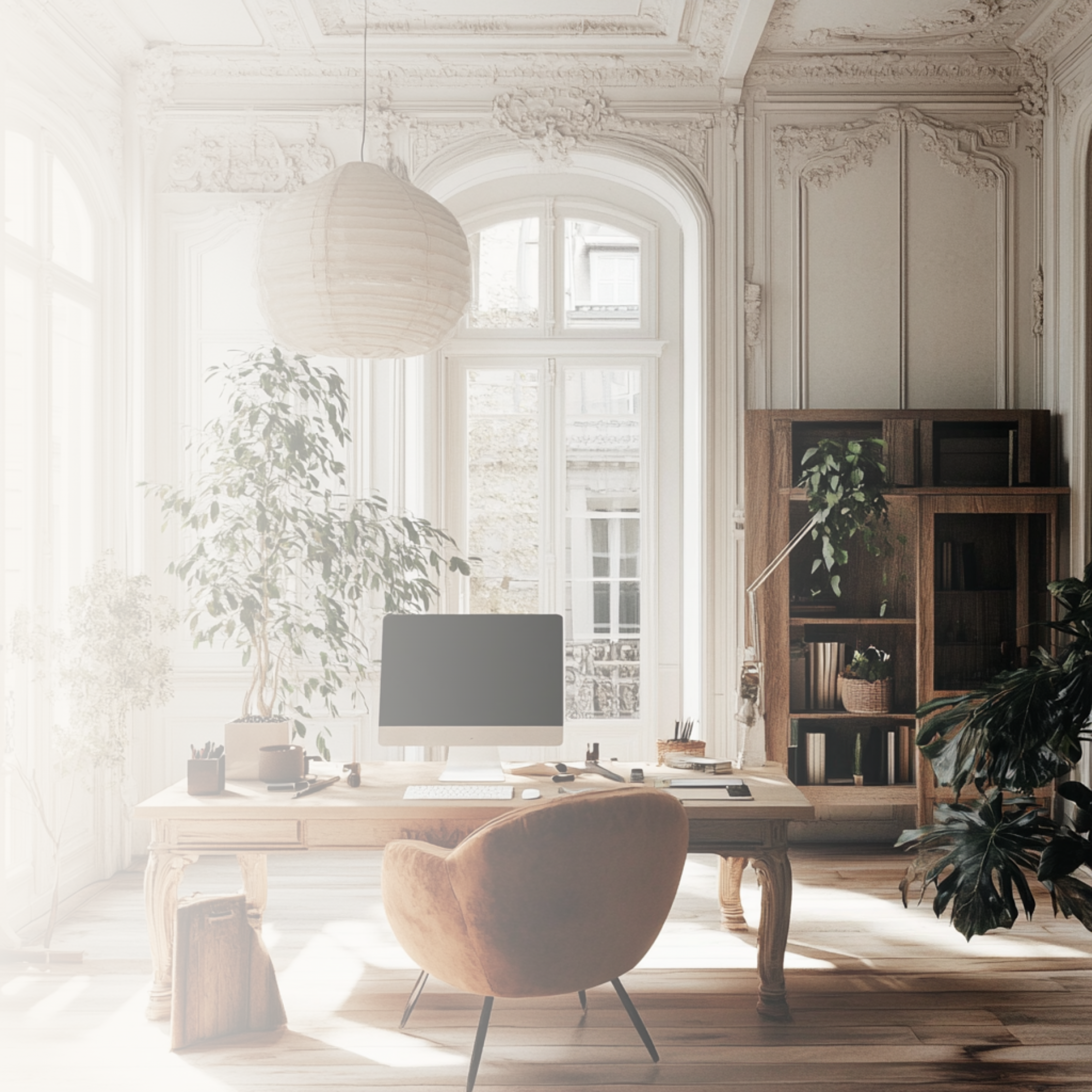 Modern workspace with a sleek desk, computer monitor, potted plants, and a large window allowing natural light in.