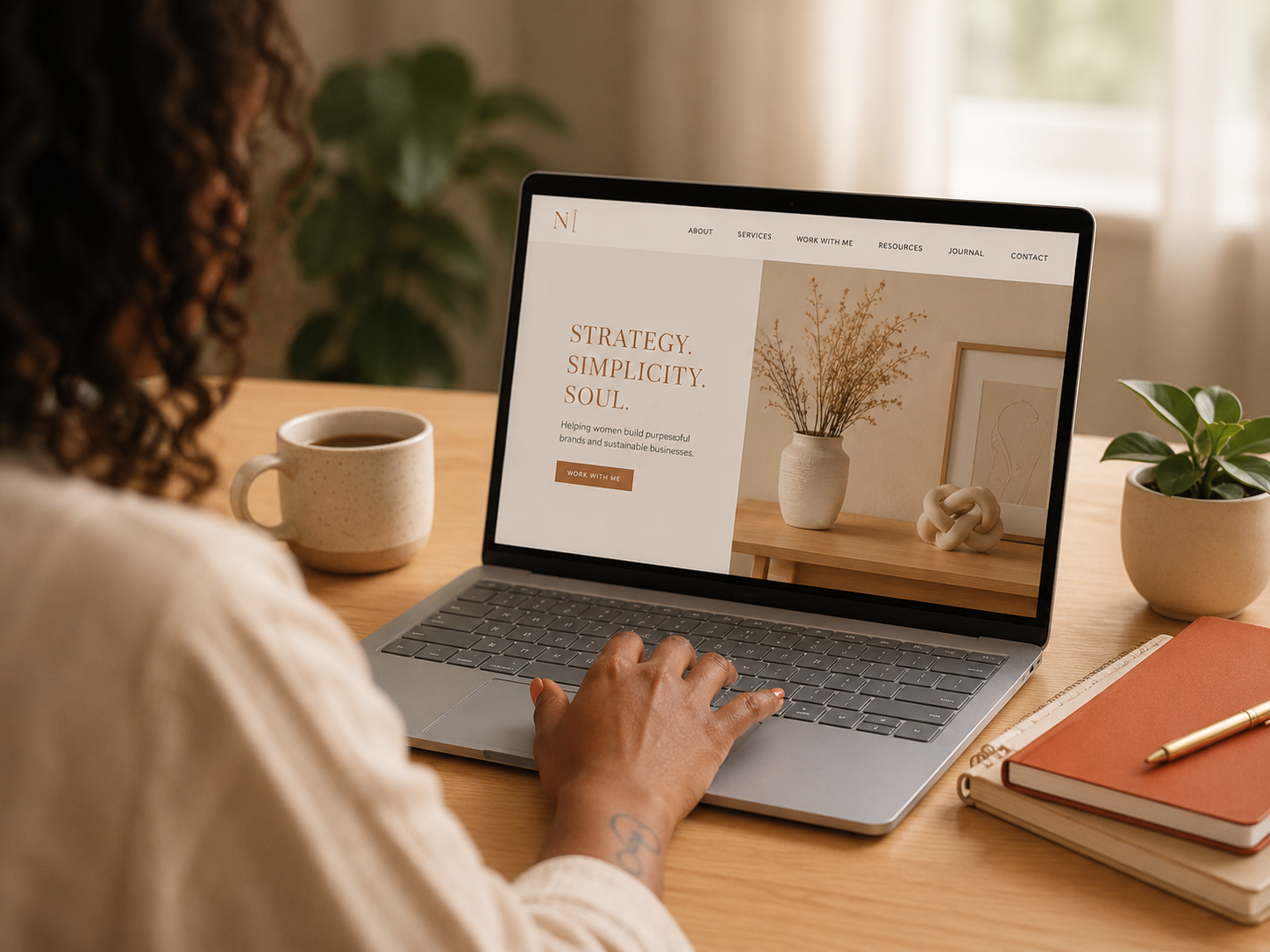 A woman working on a laptop with a website about strategy, simplicity, and soul, sitting at a desk with a cup of coffee, a plant, and notebooks.