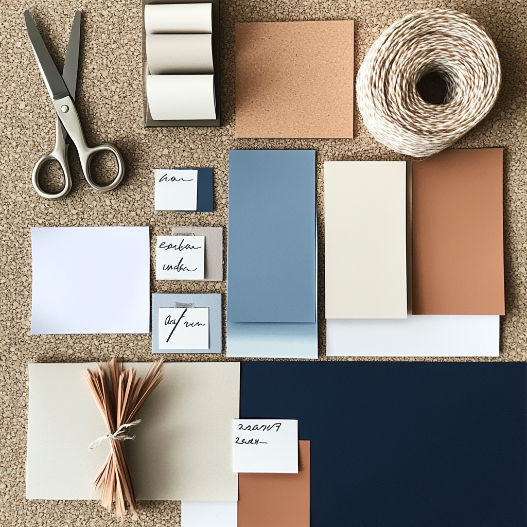 A collection of design or craft supplies includes scissors, adhesive roll, cork square, twine, paper stacks, colored paper, and handwritten note cards arranged on a speckled surface.