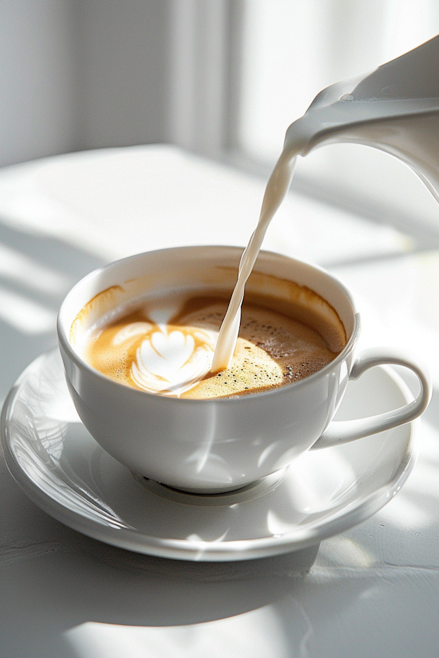 Coffee drink with milk being poured into a white cup on a saucer.