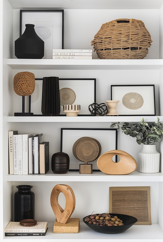 White bookshelf with decorative objects, framed artwork, books, and plants in black, beige, and natural wood tones.