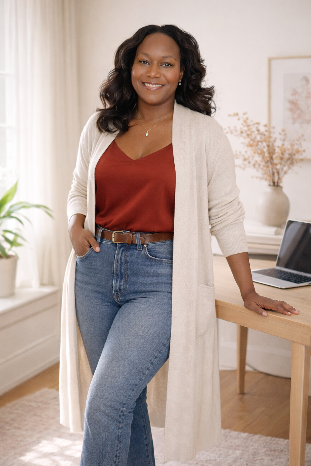 A woman with dark wavy hair smiling, wearing a red top, beige cardigan, and jeans, standing in a bright living room next to a wooden desk with a laptop and a potted plant.