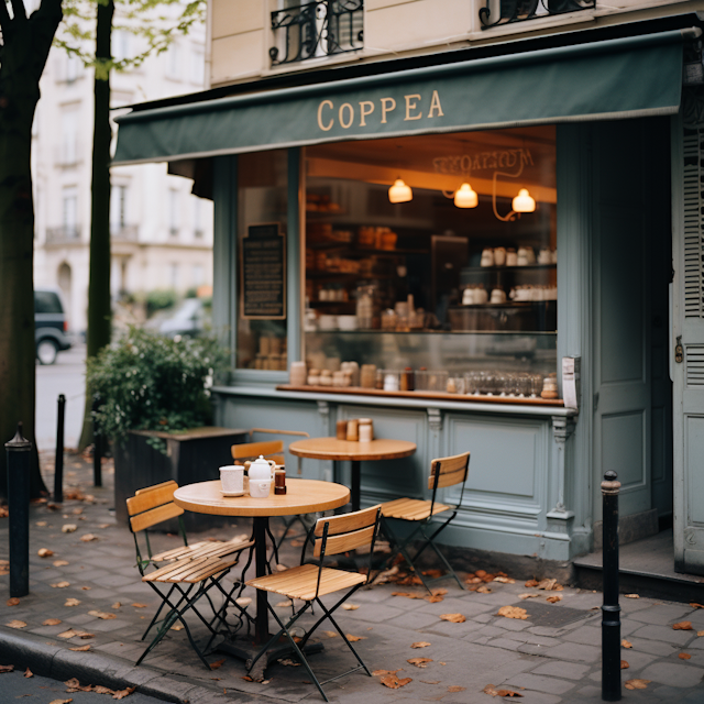 Outdoor seating area in front of a small cafe named 'Coppea' with wooden tables and chairs, autumn leaves on the ground, and the cafe's interior visible through the window.