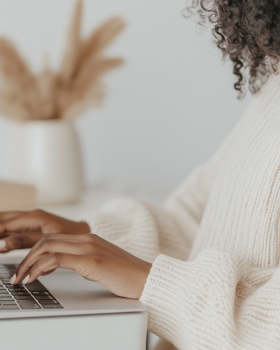 A person with curly hair using a laptop, wearing a cream-colored sweater, with a blurred plant in a white pot in the background.