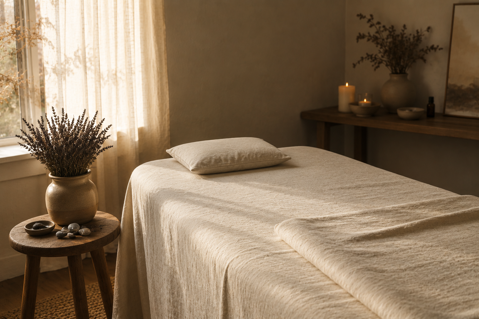 a massage table next to a bright window.