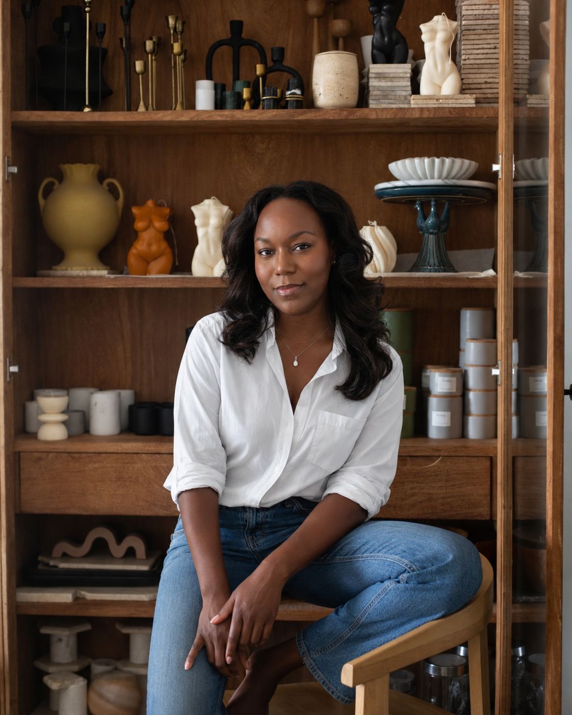 A woman with dark curly hair wearing a white shirt and blue jeans seated in front of a wooden shelf filled with various ceramic objects and sculptures.