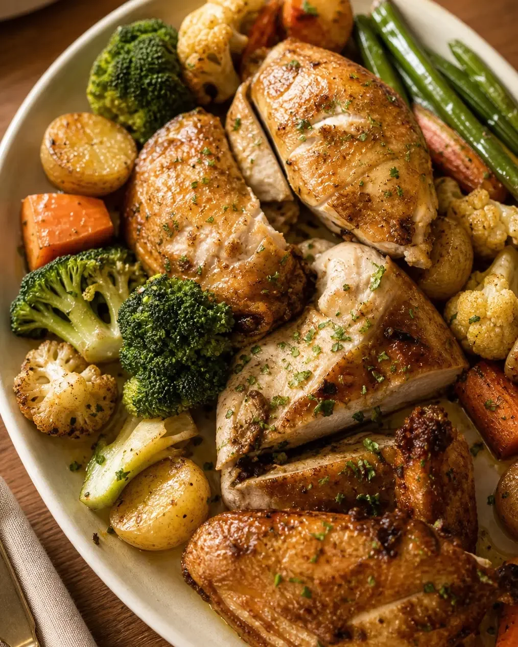 A plate of cooked chicken pieces surrounded by assorted roasted vegetables including broccoli, cauliflower, carrots, potatoes, green beans, and zucchini.