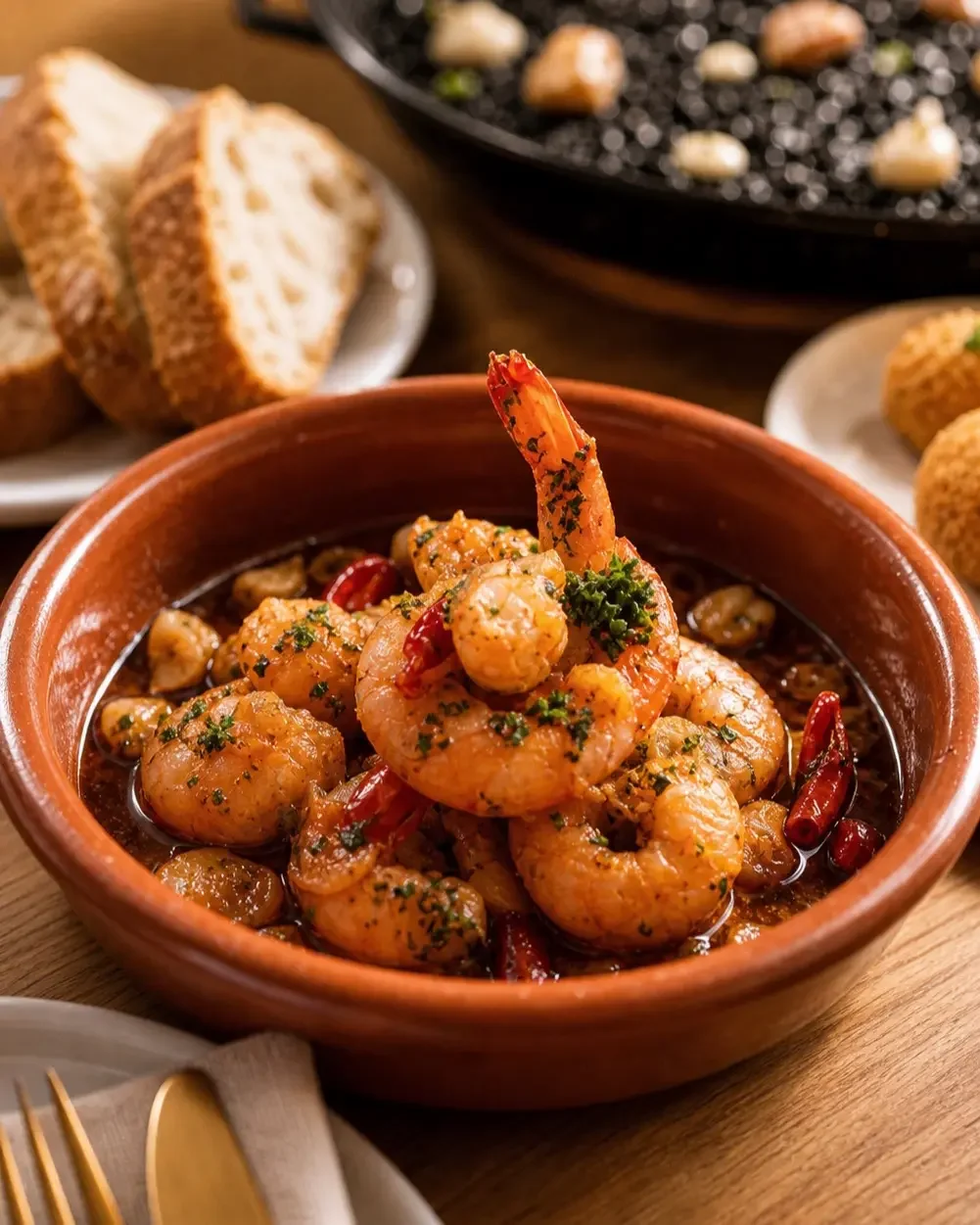 Shrimp dish with red chili peppers and herbs served in a terracotta bowl, with slices of bread and other dishes in the background.